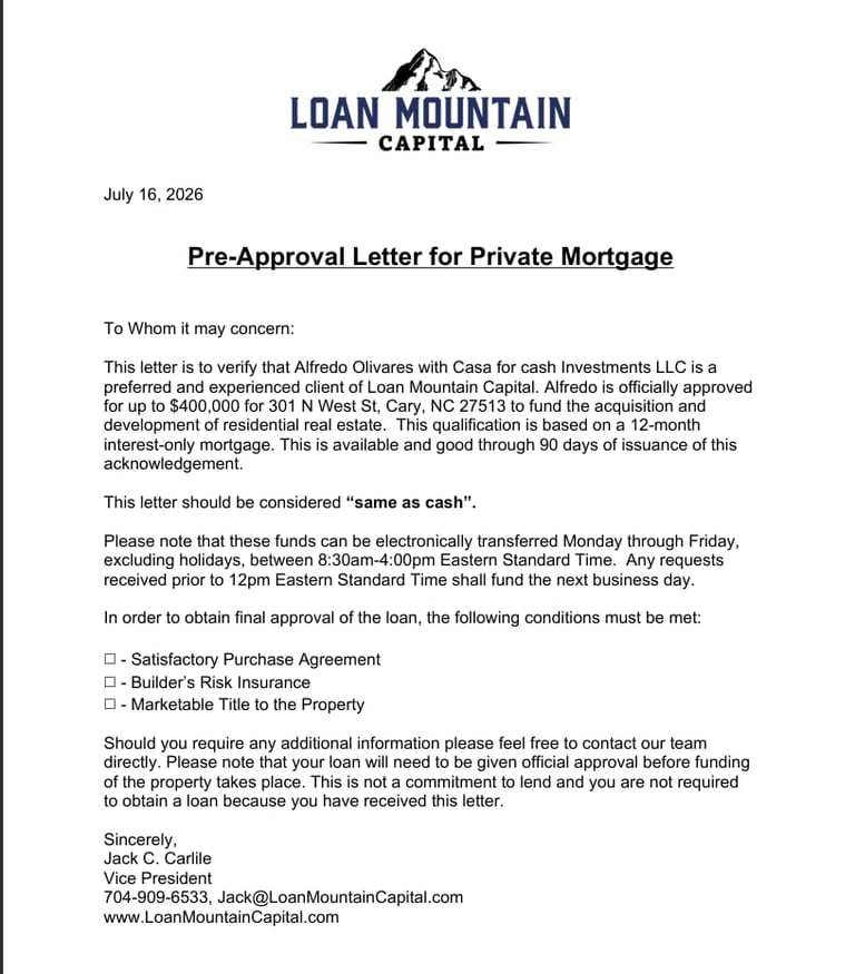Pre-approval letter from Loan Mountain Capital for private mortgage of up to $400,000, dated July 16, 2026